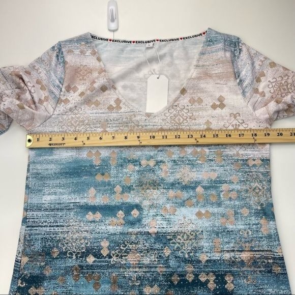 NWT Exclusive Heart Blue and Tan Long Sleeve V-Neck Sheath Dress Size Large - Picture 5 of 5